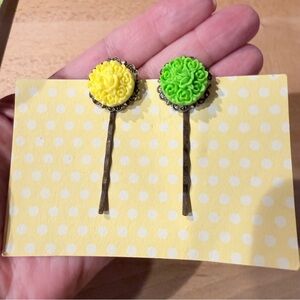 Handmade Vintage Lace Floral Bobby Pins – Yellow & Green Statement Duo